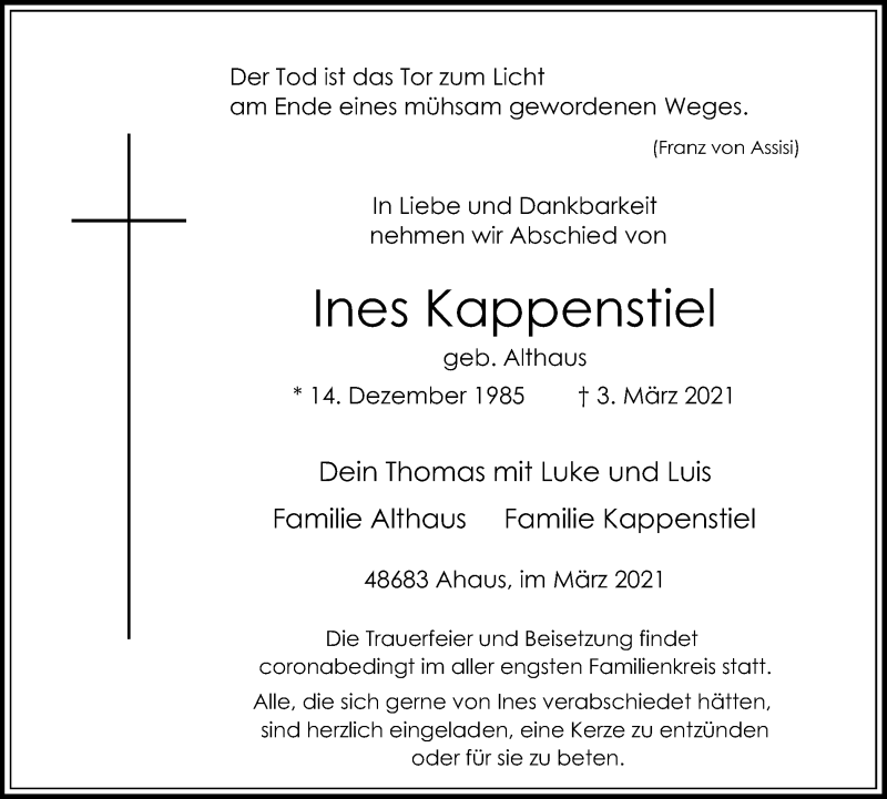  Traueranzeige für Ines Kappenstiel vom 06.03.2021 aus Münstersche Zeitung und Münsterland Zeitung