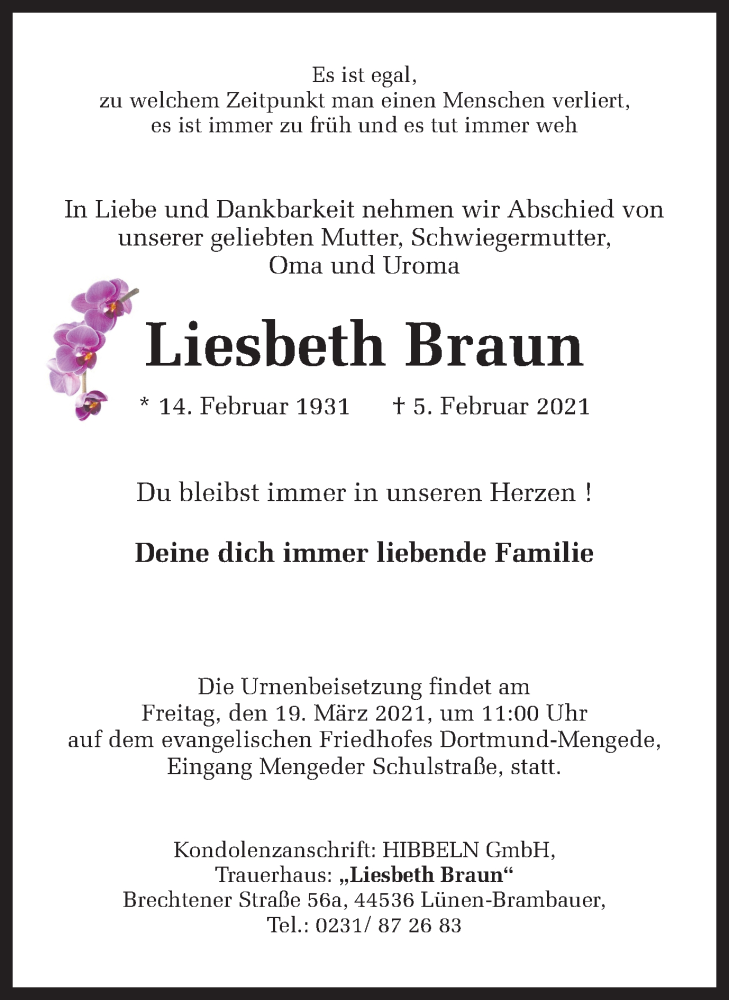 Traueranzeigen Von Liesbeth Braun Sich Erinnern De