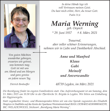 Traueranzeigen Von Maria Werning Sich Erinnern De