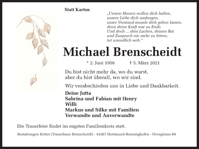 Traueranzeigen Von Michael Brenscheidt Sich Erinnern De