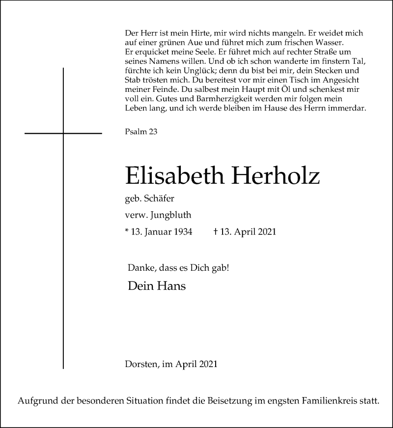  Traueranzeige für Elisabeth Herholz vom 16.04.2021 aus Ruhr Nachrichten und Dorstener Zeitung