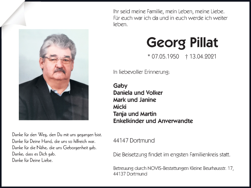  Traueranzeige für Georg Pillat vom 17.04.2021 aus 