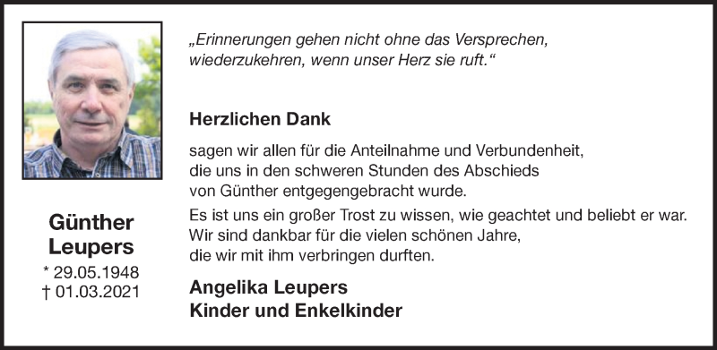  Traueranzeige für Günther Leupers vom 10.04.2021 aus Münstersche Zeitung und Münsterland Zeitung