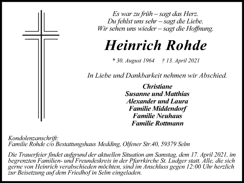  Traueranzeige für Heinrich Rohde vom 15.04.2021 aus Ruhr Nachrichten
