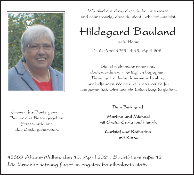  Traueranzeige für Hildegard Bauland vom 17.04.2021 aus Münstersche Zeitung und Münsterland Zeitung