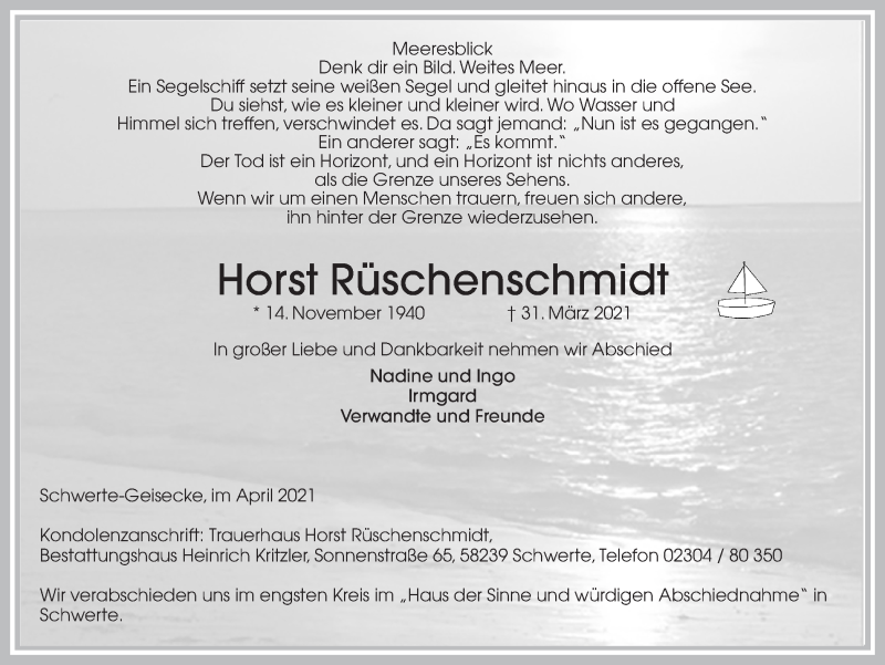  Traueranzeige für Horst Rüschenschmidt vom 03.04.2021 aus Ruhr Nachrichten