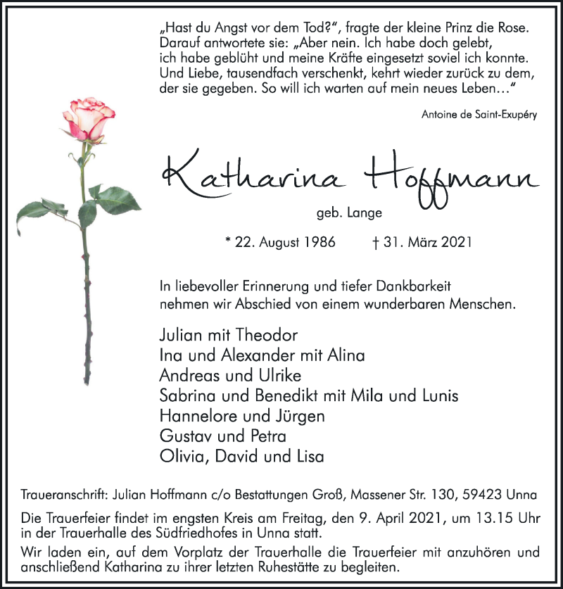  Traueranzeige für Katharina Hoffmann vom 07.04.2021 aus Hellweger Anzeiger