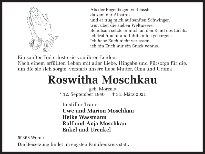  Traueranzeige für Roswitha Moschkau vom 03.04.2021 aus Ruhr Nachrichten