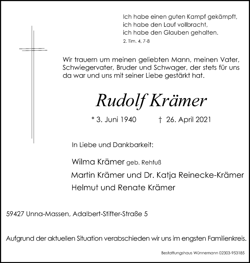 Traueranzeigen von Rudolf Krämer sich erinnern de