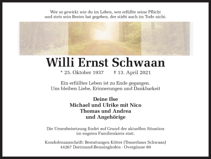  Traueranzeige für Willi Ernst Schwaan vom 17.04.2021 aus 
