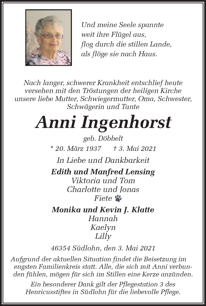  Traueranzeige für Anni Ingenhorst vom 06.05.2021 aus Münstersche Zeitung und Münsterland Zeitung
