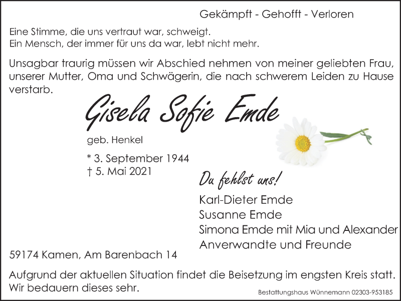  Traueranzeige für Gisela Sofie Emde vom 08.05.2021 aus Hellweger Anzeiger