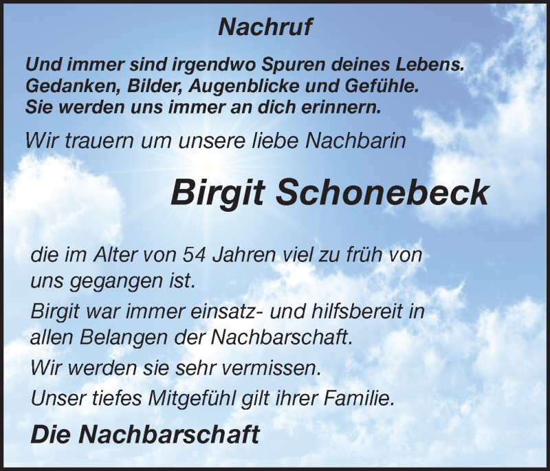  Traueranzeige für Birgit Schonebeck vom 13.05.2021 aus Ruhr Nachrichten und Halterner Zeitung