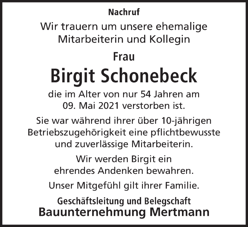  Traueranzeige für Birgit Schonebeck vom 12.05.2021 aus Ruhr Nachrichten und Halterner Zeitung