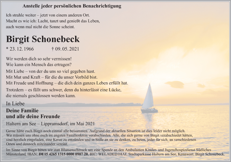  Traueranzeige für Birgit Schonebeck vom 11.05.2021 aus Ruhr Nachrichten und Halterner Zeitung