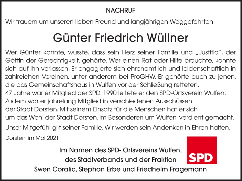  Traueranzeige für Günter Friedrich Wüllner vom 15.05.2021 aus Ruhr Nachrichten und Dorstener Zeitung