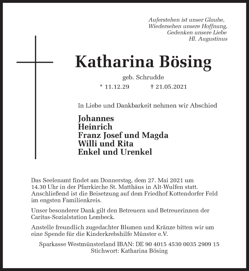  Traueranzeige für Katharina Bösing vom 26.05.2021 aus Ruhr Nachrichten und Dorstener Zeitung