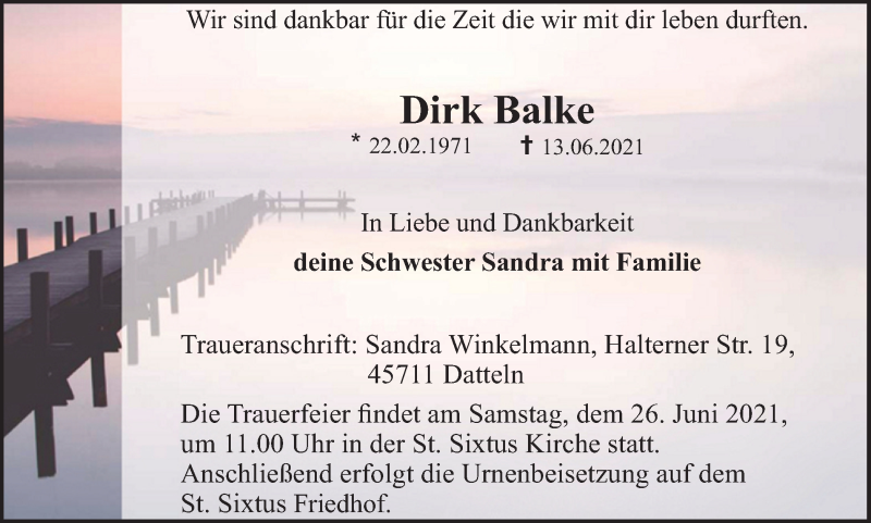  Traueranzeige für Dirk Balke vom 19.06.2021 aus Ruhr Nachrichten und Halterner Zeitung