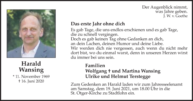  Traueranzeige für Harald Wansing vom 15.06.2021 aus Münstersche Zeitung und Münsterland Zeitung