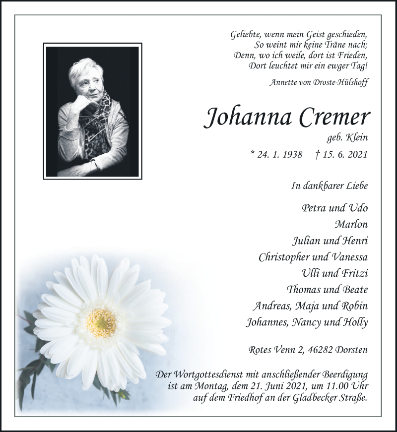  Traueranzeige für Johanna Cremer vom 17.06.2021 aus Ruhr Nachrichten und Dorstener Zeitung