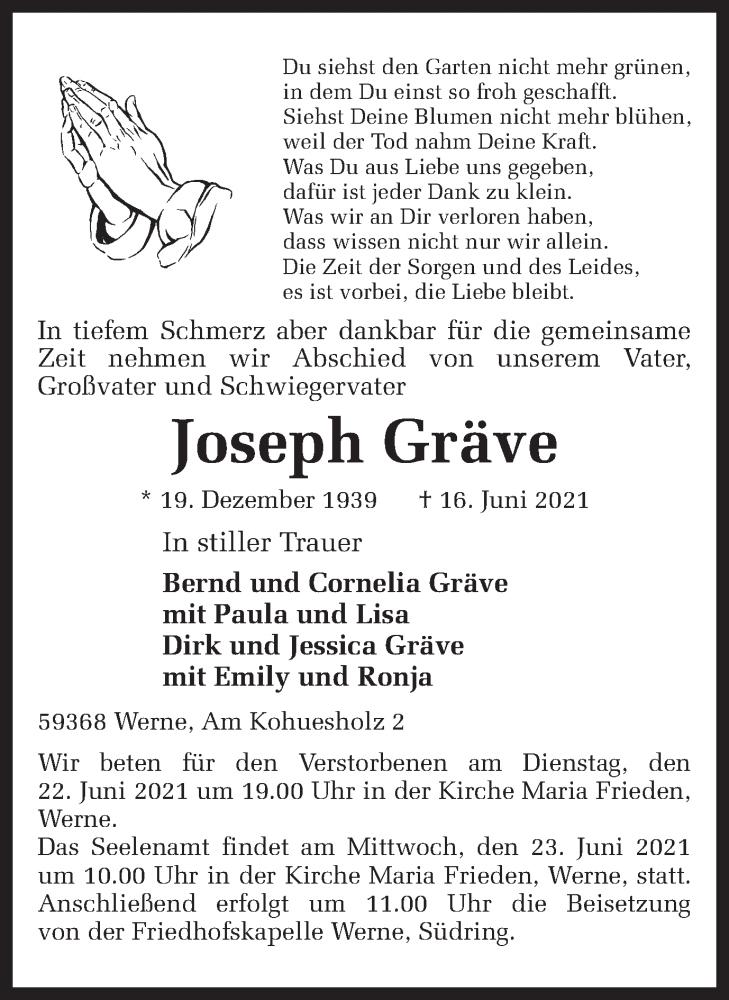  Traueranzeige für Joseph Gräve vom 19.06.2021 aus Ruhr Nachrichten