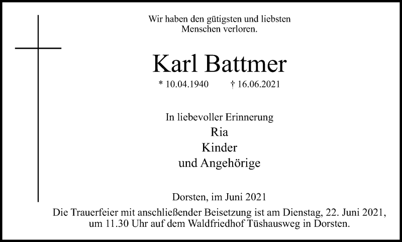  Traueranzeige für Karl Battmer vom 19.06.2021 aus Ruhr Nachrichten und Dorstener Zeitung