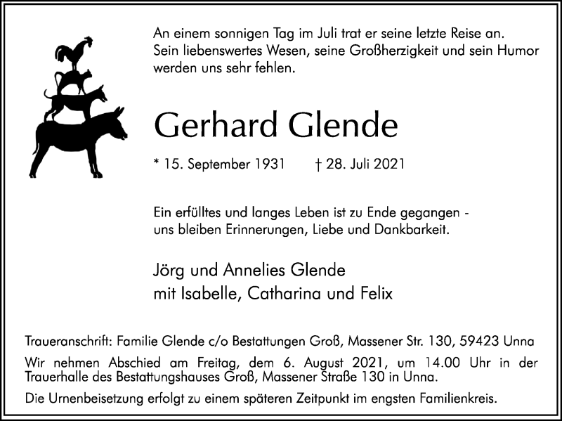  Traueranzeige für Gerhard Glende vom 31.07.2021 aus Hellweger Anzeiger