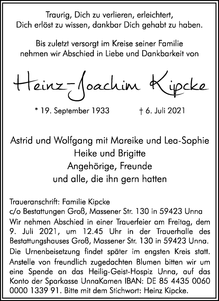  Traueranzeige für Heinz-Joachim Kipcke vom 07.07.2021 aus Hellweger Anzeiger