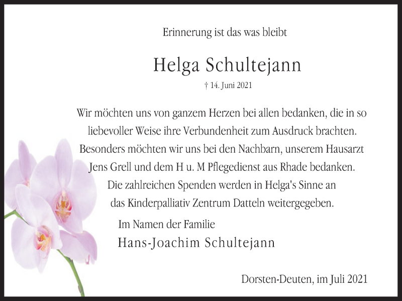  Traueranzeige für Helga Schultejann vom 28.07.2021 aus Ruhr Nachrichten und Dorstener Zeitung