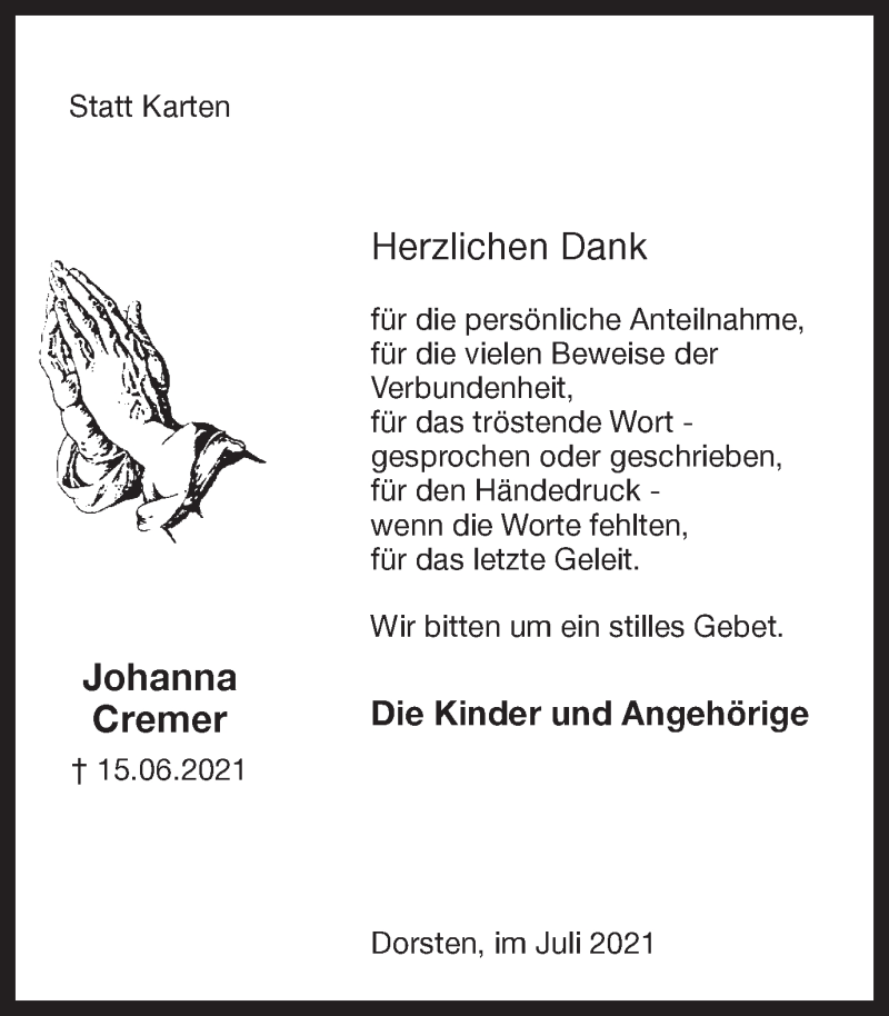  Traueranzeige für Johanna Cremer vom 26.07.2021 aus Ruhr Nachrichten und Dorstener Zeitung