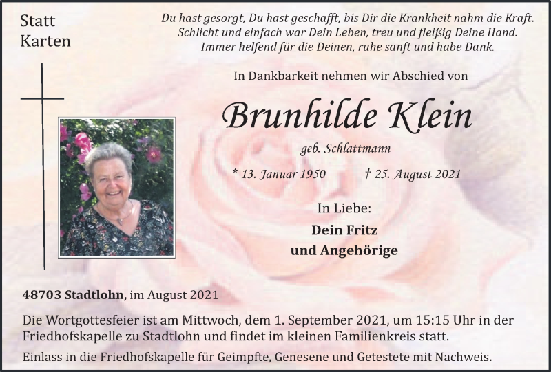  Traueranzeige für Brunhilde Klein vom 28.08.2021 aus Münstersche Zeitung und Münsterland Zeitung
