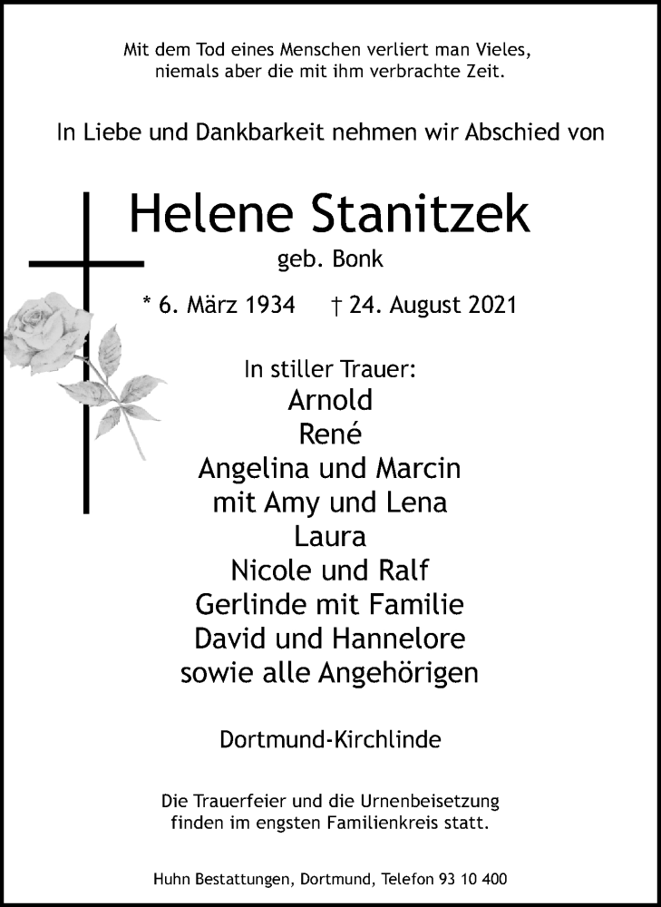  Traueranzeige für Helene Stanitzek vom 28.08.2021 aus 