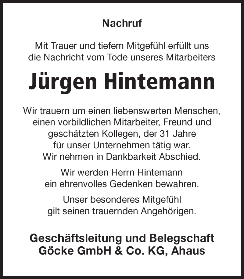  Traueranzeige für Jürgen Hintemann vom 16.08.2021 aus Münstersche Zeitung und Münsterland Zeitung