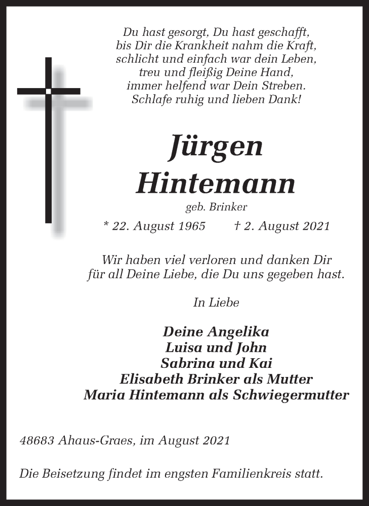  Traueranzeige für Jürgen Hintemann vom 09.08.2021 aus Hellweger Anzeiger