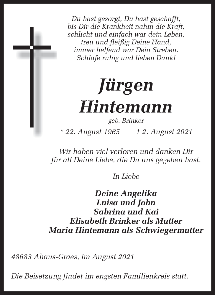  Traueranzeige für Jürgen Hintemann vom 09.08.2021 aus Münstersche Zeitung und Münsterland Zeitung