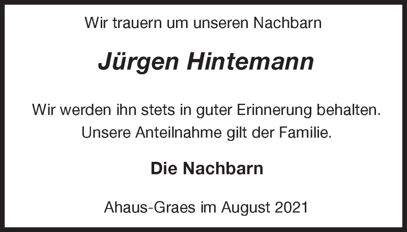  Traueranzeige für Jürgen Hintemann vom 10.08.2021 aus Münstersche Zeitung und Münsterland Zeitung