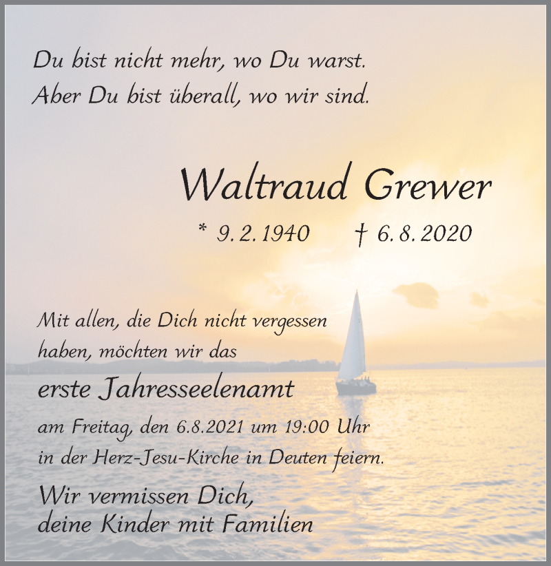  Traueranzeige für Waltraud Grewer vom 04.08.2021 aus Ruhr Nachrichten und Dorstener Zeitung