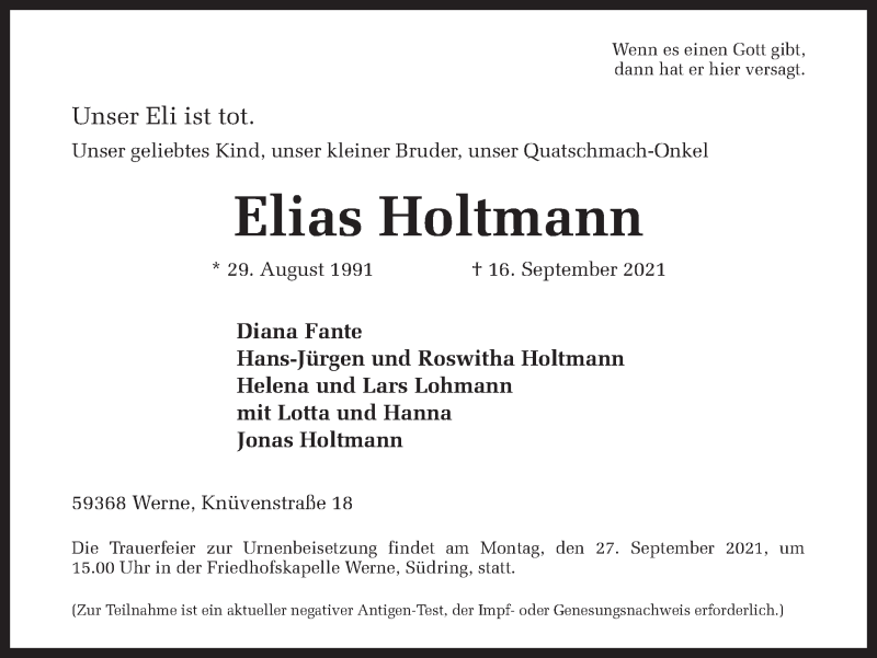  Traueranzeige für Elias Holtmann vom 25.09.2021 aus Ruhr Nachrichten