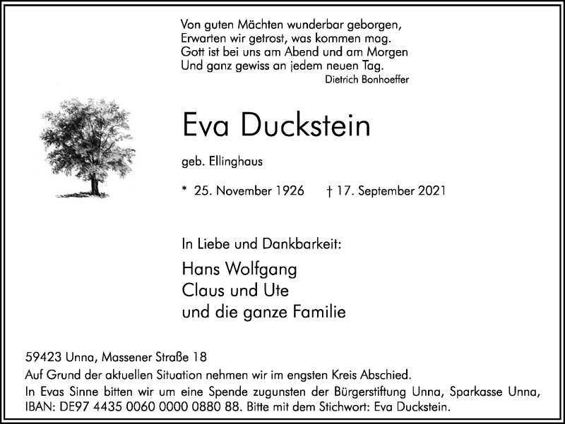  Traueranzeige für Eva Duckstein vom 21.09.2021 aus Hellweger Anzeiger
