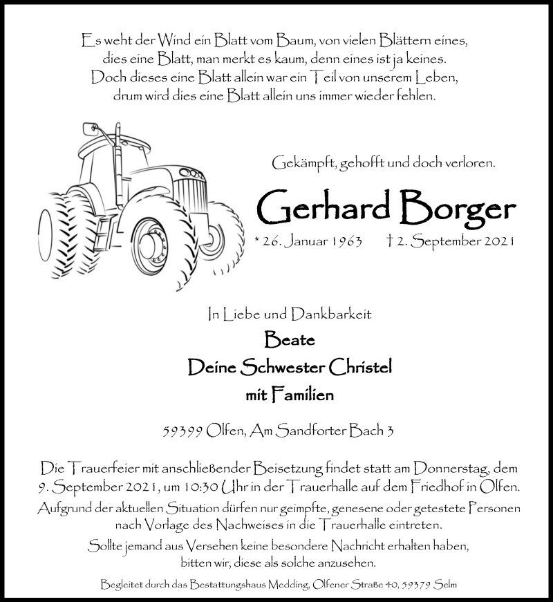  Traueranzeige für Gerhard Borger vom 04.09.2021 aus Ruhr Nachrichten
