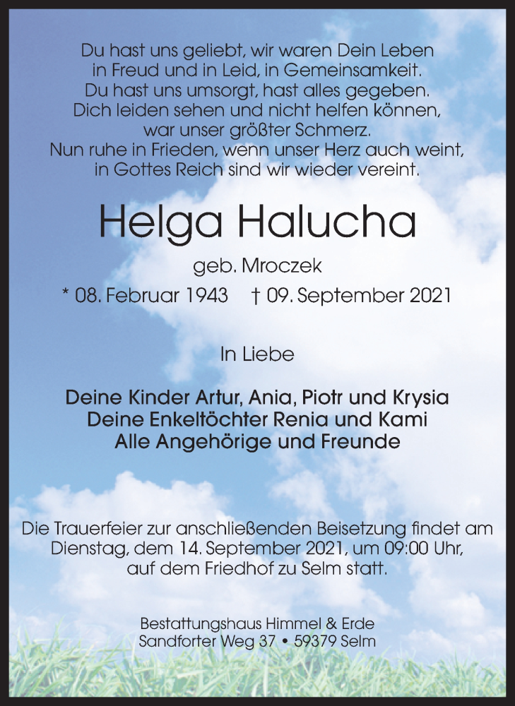  Traueranzeige für Helga Halucha vom 11.09.2021 aus Ruhr Nachrichten