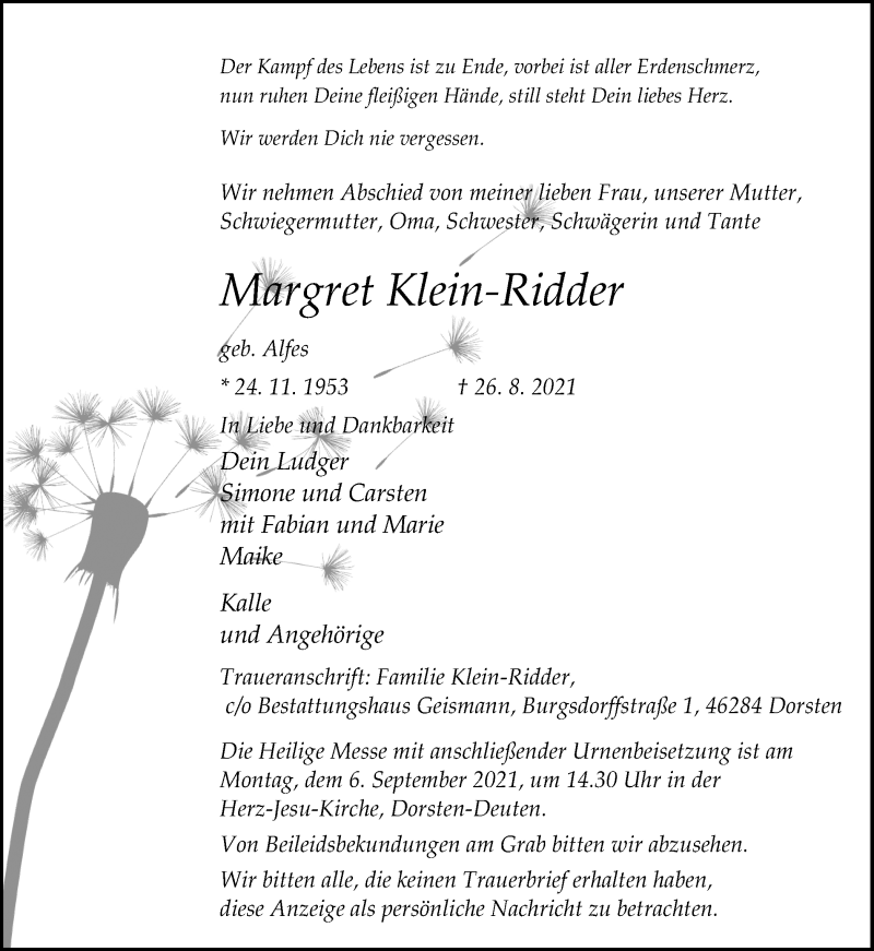  Traueranzeige für Margret Klein-Ridder vom 02.09.2021 aus Ruhr Nachrichten und Dorstener Zeitung
