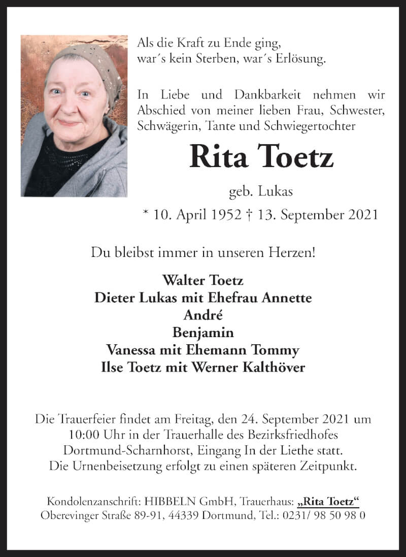  Traueranzeige für Rita Toetz vom 20.09.2021 aus 