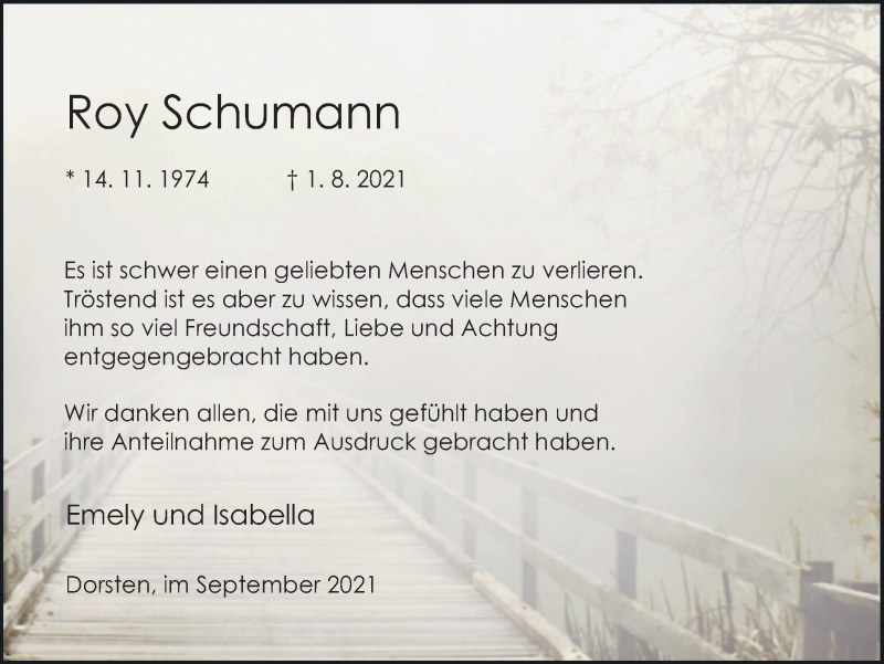  Traueranzeige für Roy Schumann vom 01.09.2021 aus Ruhr Nachrichten und Dorstener Zeitung