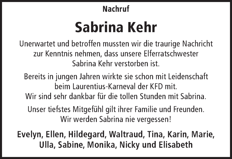  Traueranzeige für Sabrina Kehr vom 24.09.2021 aus Ruhr Nachrichten und Halterner Zeitung