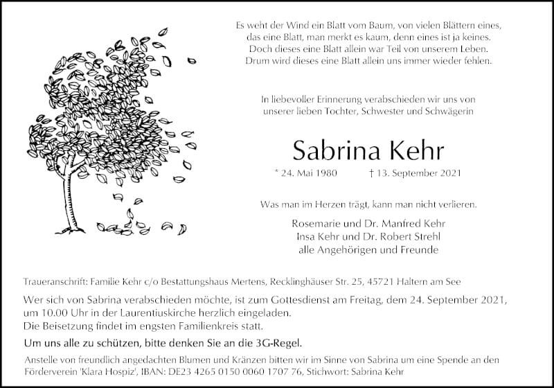 Traueranzeige für Sabrina Kehr vom 18.09.2021 aus Ruhr Nachrichten und Halterner Zeitung