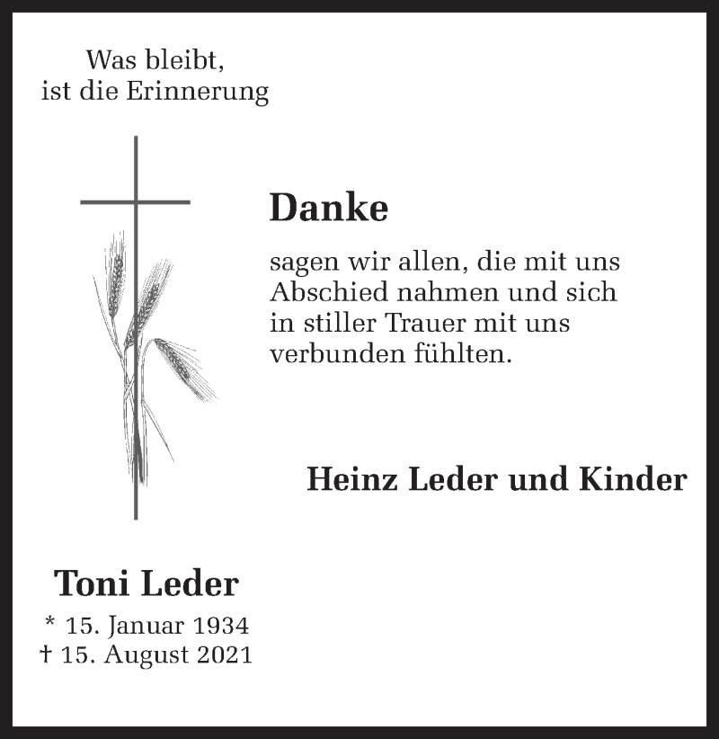 Traueranzeigen Von Toni Leder Sich Erinnern De