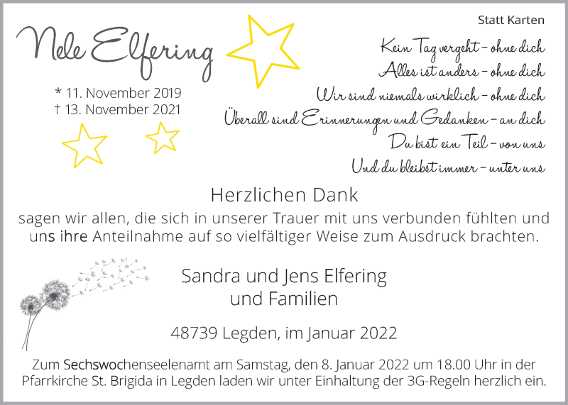  Traueranzeige für Nele Elfering vom 05.01.2022 aus Münstersche Zeitung und Münsterland Zeitung