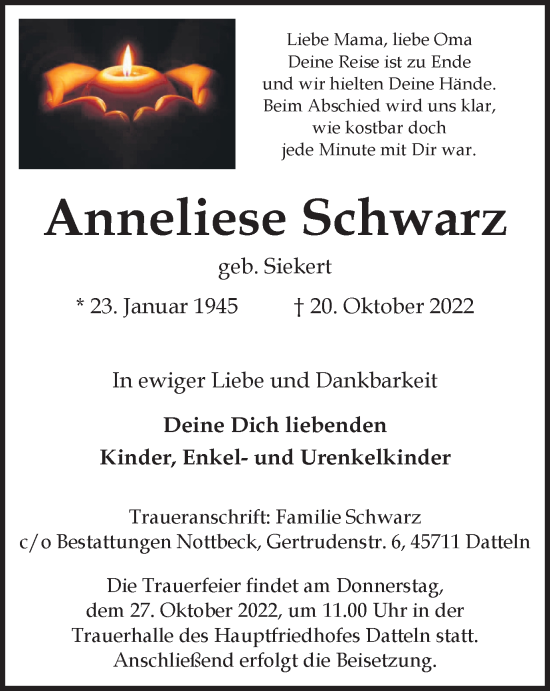 Traueranzeigen Von Anneliese Schwarz Sich Erinnern De