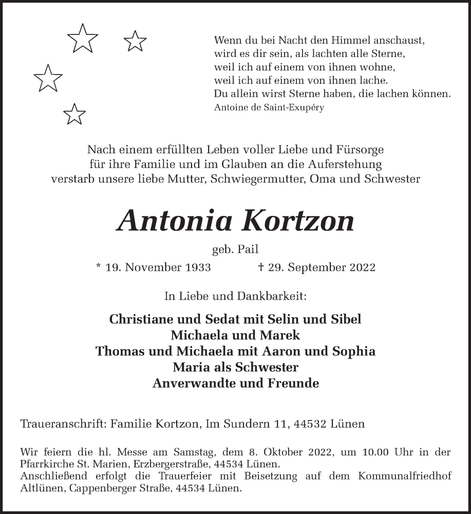  Traueranzeige für Antonia Kortzon vom 01.10.2022 aus Ruhr Nachrichten